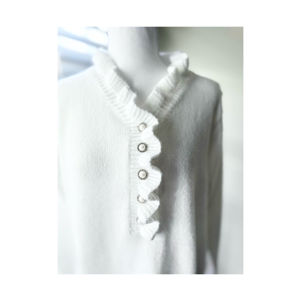 White Ruffle V-Neck Button Sweater - Picture 2 of 6